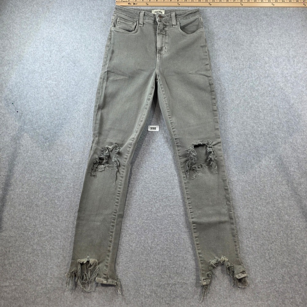 L'AGENCE Distressed Skinny‎ Jeans Grey Green Frayed Step Hem Size 25 High Rise